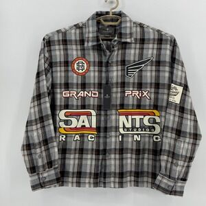 Men's NWT Grand Prix Racing Button Up Rugged Bold Woven Flannel Grunge Hip Hop
